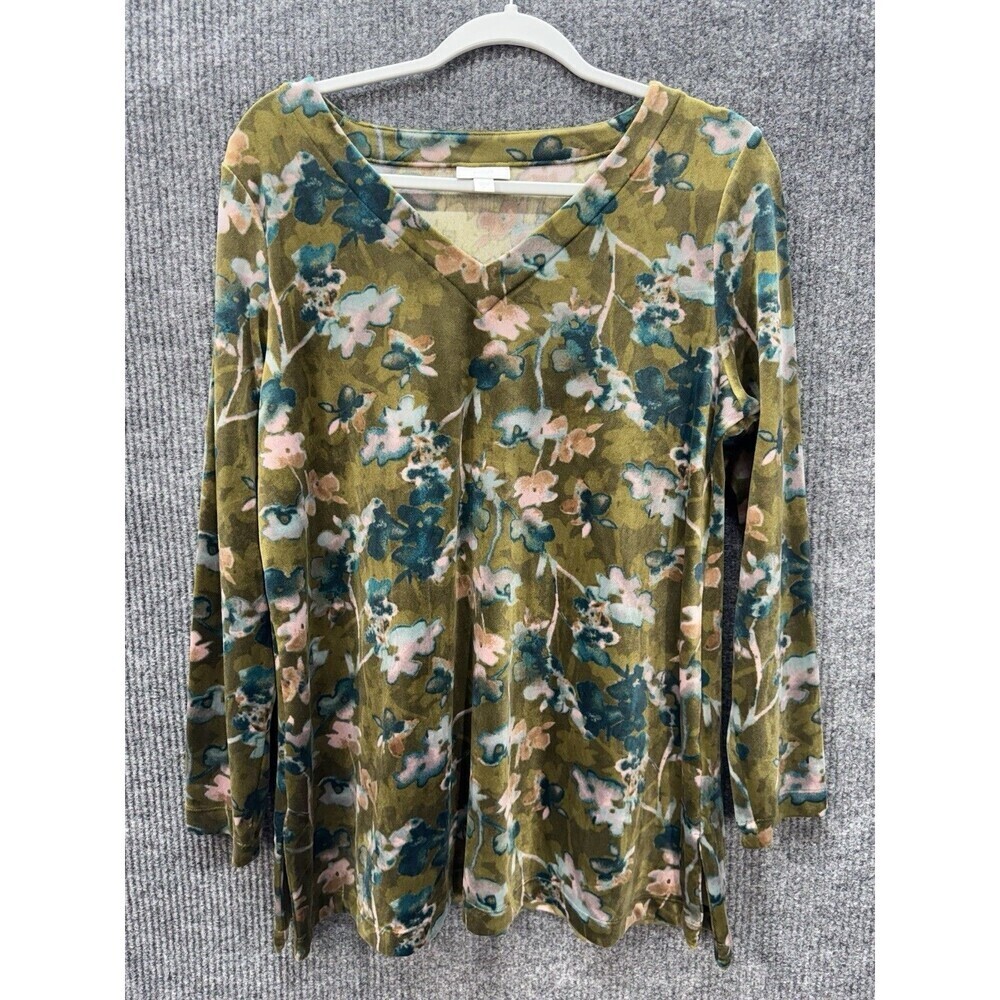 J. Jill Pure Jill Tunic Top Medium Green Floral Velour Velvet V Neck Long Sleeve